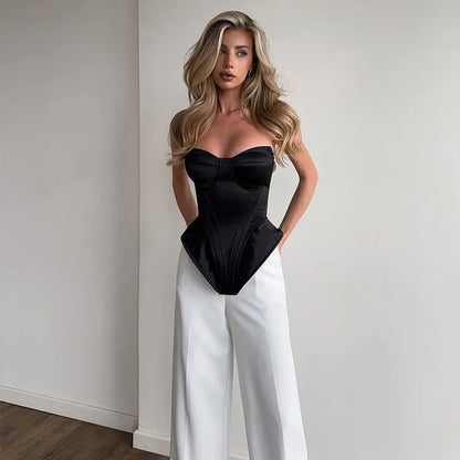 Sexy Fishbone Strapless Short Top Lady Chic Sleeveless Off-shoulder Backless Waist Cinching Blouse Women Vacation Party Tops
