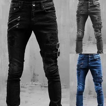 Men's Retro Moto Biker Straight Elastic Jeans Zipper Distress Hole Punk Skinny Denim Cargo Pants Streetwear Y2K Hombre Trousers