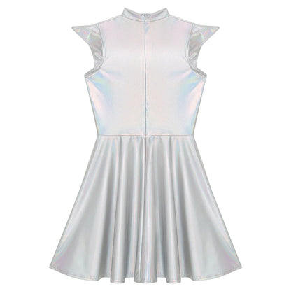 Womens Cocktail Dress Shiny Metallic Dress Alien Space Cap Sleeve High Waist A-line Dress for Halloween Party High Street Dress