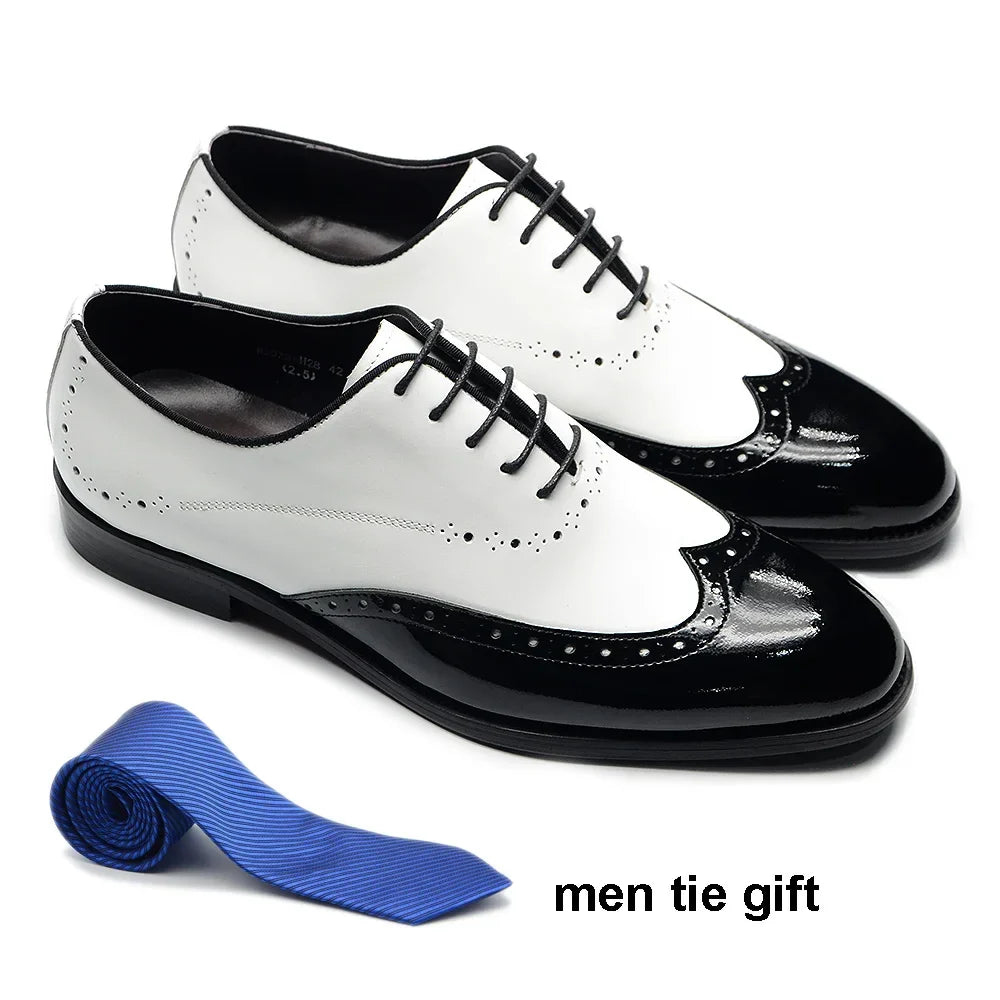 Formal Oxfords Shoes for Men White Black Real Cow Patent Leather Business Lace-up Wingtip Toe Brogue Wedding Mens Dress Shoes