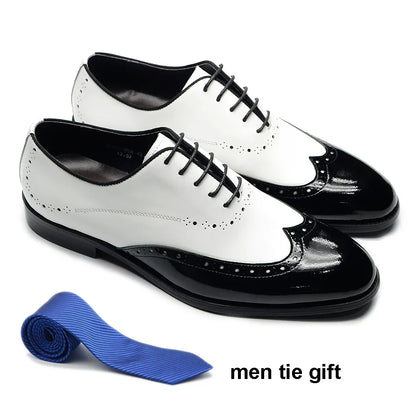 Formal Oxfords Shoes for Men White Black Real Cow Patent Leather Business Lace-up Wingtip Toe Brogue Wedding Mens Dress Shoes