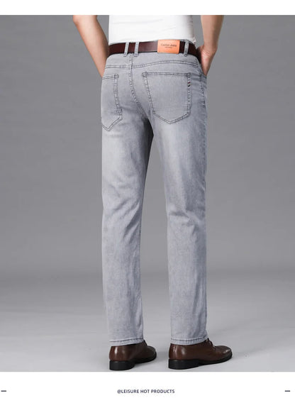 2026 Brand Thin or Thick Material Straight Cotton Stretch Denim Men's  Business Casual High Waist Light Grey Blue Jeans