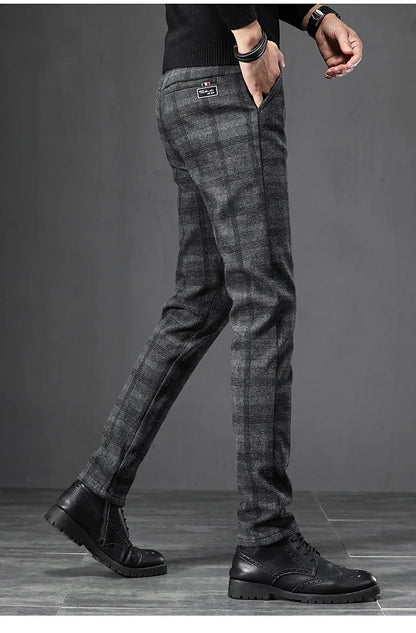 Autumn Men's Brushed Plaid Casual Pants Korean Style Gray Elastic Straight Slim Fit Fashionable Work Pants Blue and Black Male