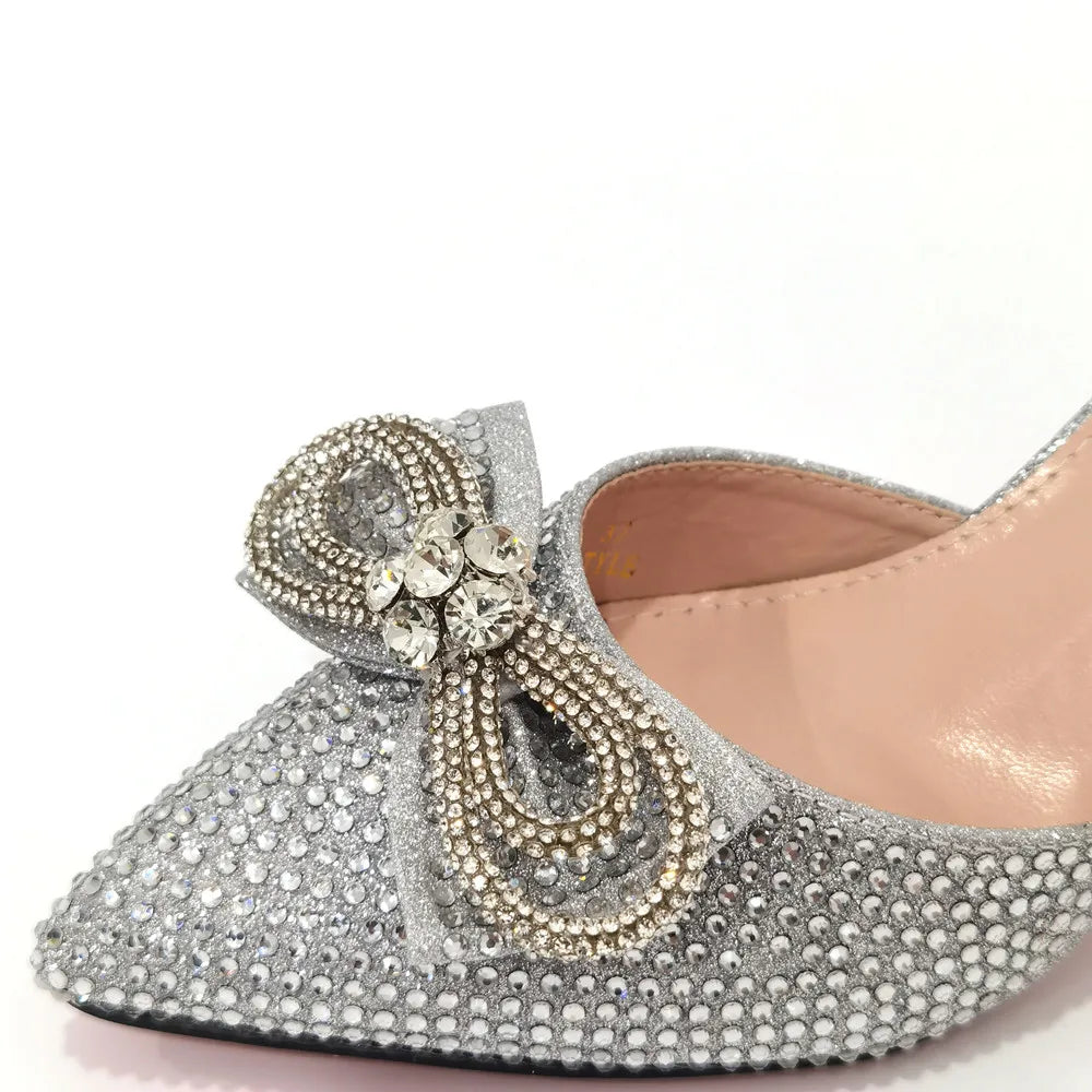 Rhinestone Bow Side Empty Party High Heels Pointed Toe Stiletto Heels Silver Women's Shoes And Bags