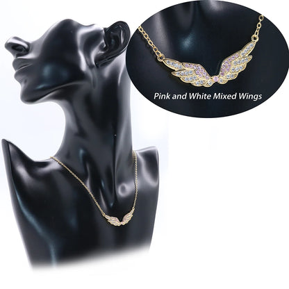 Delicate Women 24K Gold Plated Zircon Angel Wing Chain Pendant Necklace