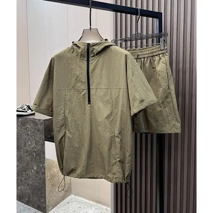Summer Cargo Hooded Tracksuit Short Sleeve T-shirt Zipped and Shorts Outfits Quick Drying Solid Casual Outdoor Sport Clothes Set