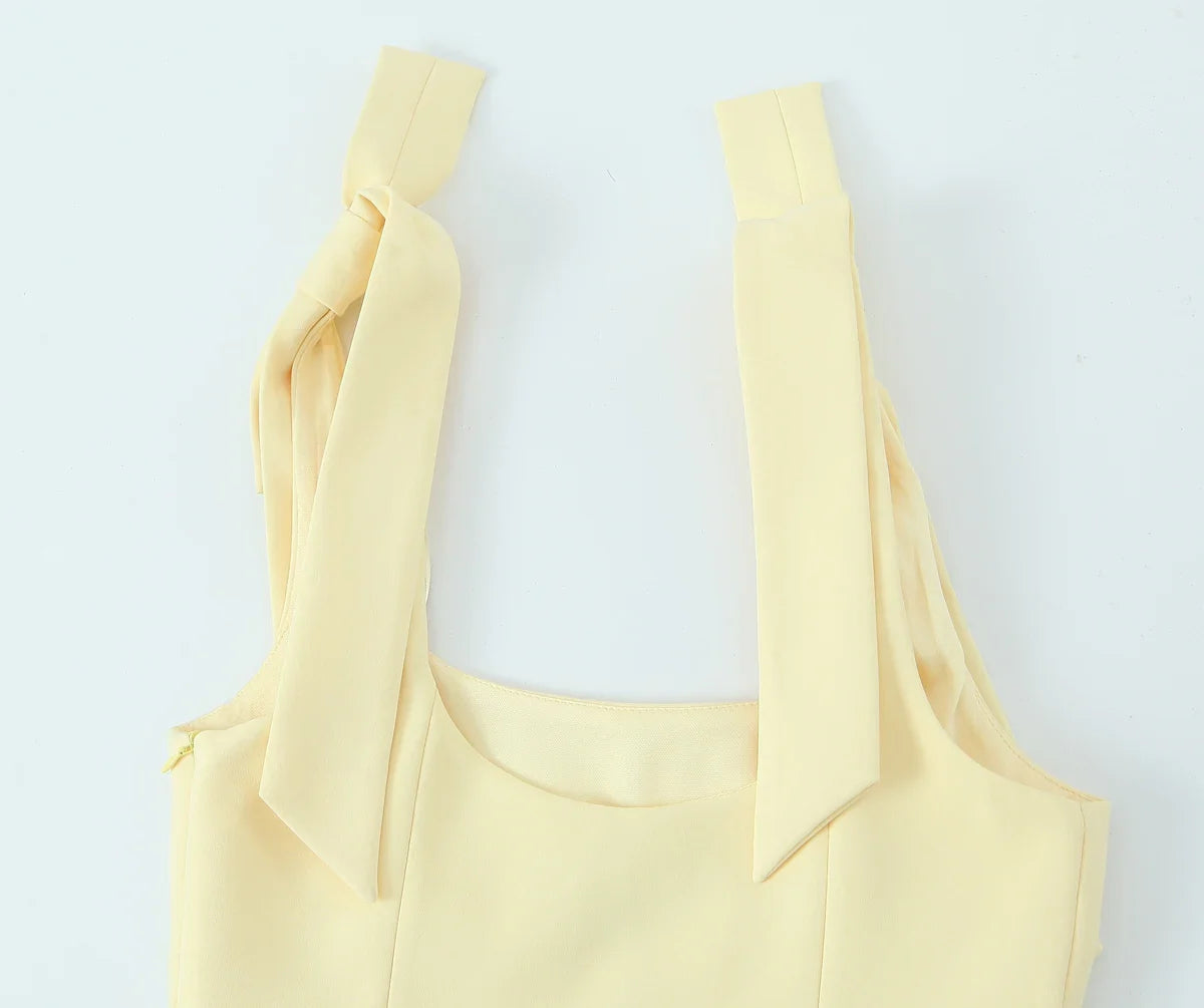 Sexy Chic Yellow Bow Tops Women Zipper Tie Up Slim Short Cami Tops Women Fashion 2025 Summer Elegant Y2K Girl Blouses