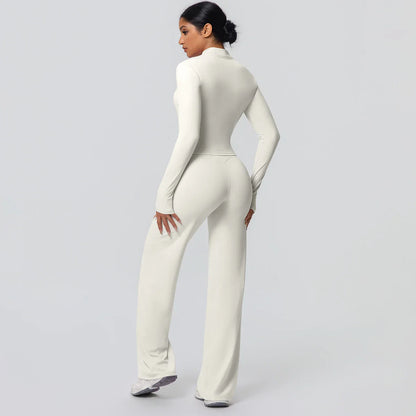 2pieces Quick Drying Sports Fitness Clothing Yoga Set Women Yoga Zipper Long Dleeves High Waisted Breathable Wide Leg Pants Set