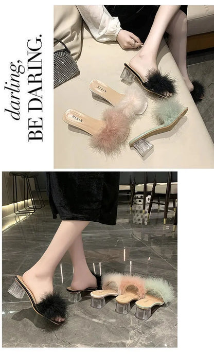 2023 Fluffy Peep Toe Sexy High Heels Women Shoes Fur Feather Lady Fashion Wedding Slip-On Pink Square Toe Women Sandals