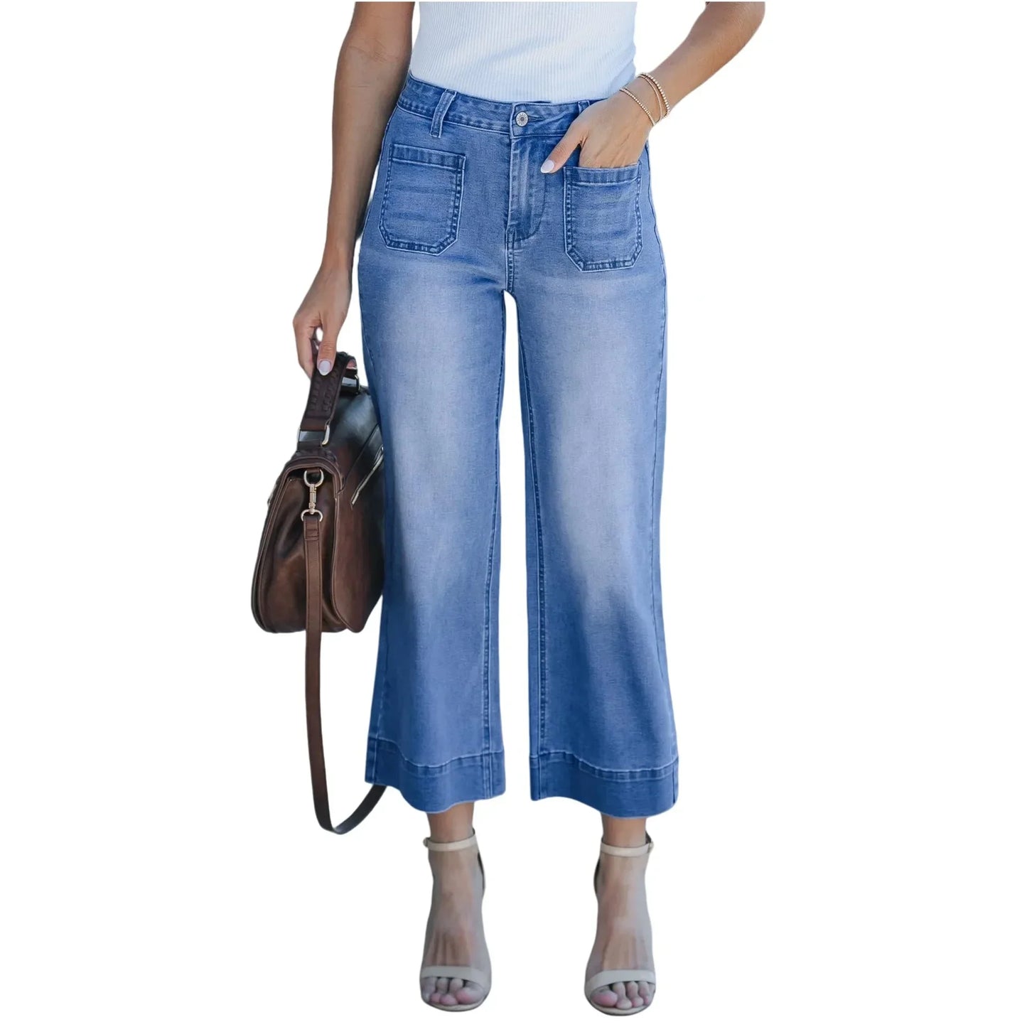 Fashionable Casual Straight Leg Jeans Washed Denim Nine-Piece