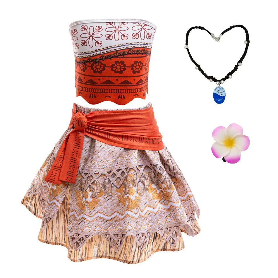 Moana Cosplay Dress For Girl New Little Girl Two Piece Suit Children Geometric Print Clothes Halloween Carnival Outfit Moana