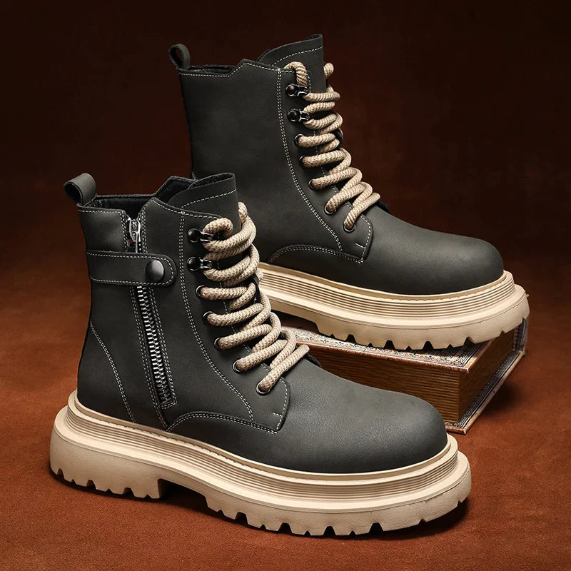 Men's Boots 2024 Autumn Thick Soled Zipper Lace-up Korean Belt Buckle Height Increasing Comfort High Top British Sports Boots