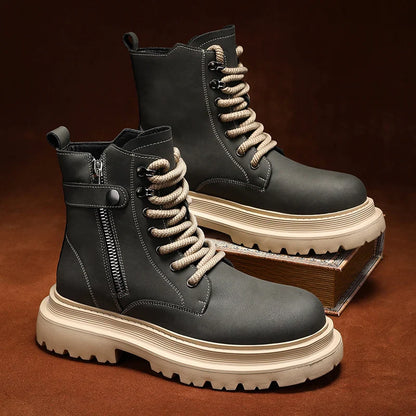 Men's Boots 2024 Autumn Thick Soled Zipper Lace-up Korean Belt Buckle Height Increasing Comfort High Top British Sports Boots