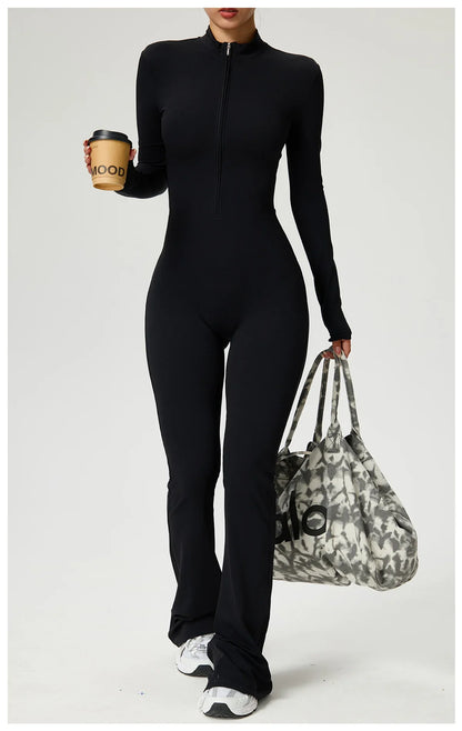 Zipper Jumpsuit Flared Pants Women Clothing Sportswear Gym Yoga Sport Sets Spandex Nylon Workout Sets Women Tracksuit