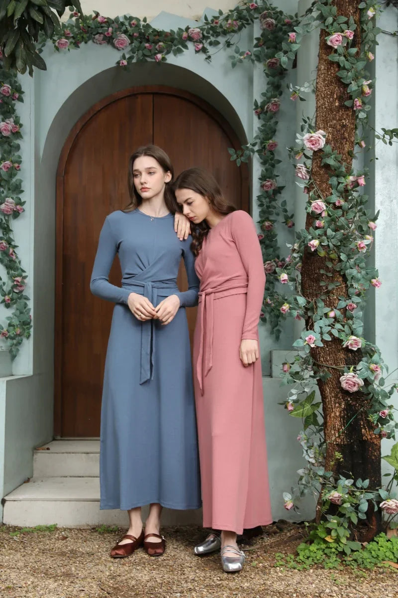 summer ribbing closed-fit wrap tops + Aline dress high Stretch matching sets