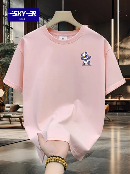 Men's Summer 100% Cotton Cartoon Bear Graphic Printed Fashion Sports and Leisure Loose Round Neck Short Sleeve T-shirt Top