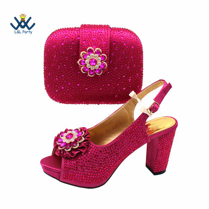 Special Design Women Crystal Style African Ladies Party Shoes Matching Bag in Magenta Color