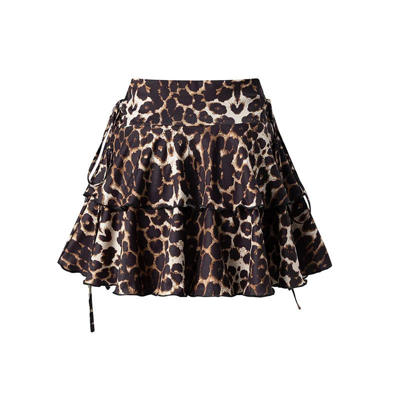 Summer New Style Elegant And Simple Floral Leopard Print Skirt Women's Fashion Ruffle Side Fake Drawstring All-Match Short Skirt
