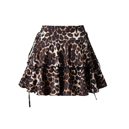 Summer New Style Elegant And Simple Floral Leopard Print Skirt Women's Fashion Ruffle Side Fake Drawstring All-Match Short Skirt