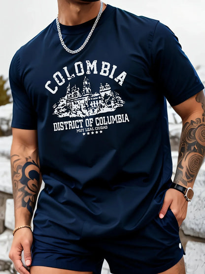 Men's summer 100% pure cotton fashionable casual loose Colombian architectural letter printed round neck short sleeved T-shirt