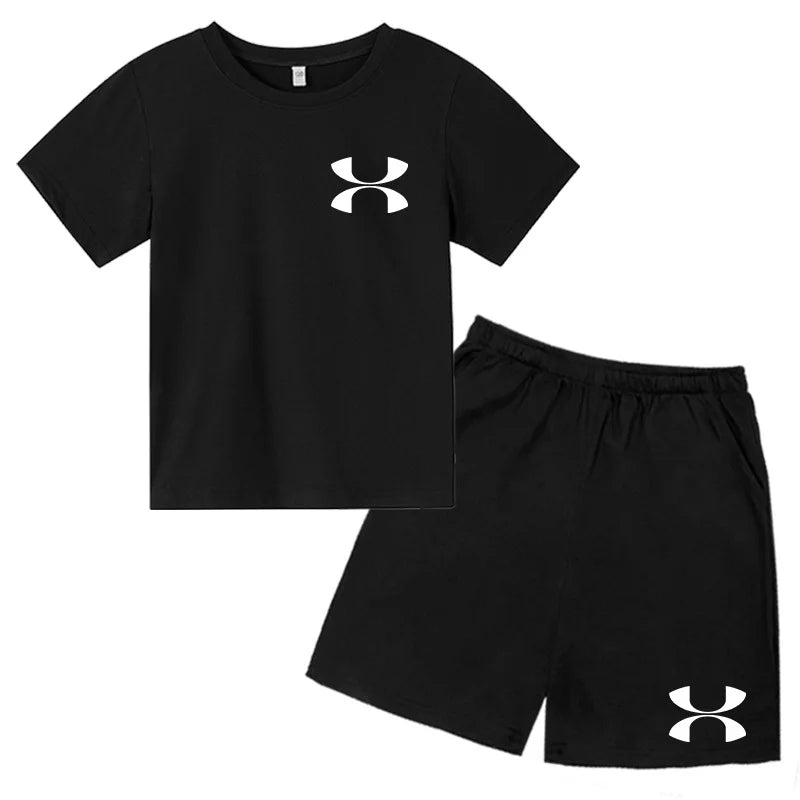 Fashion Two-Piece Casual t-shirt Set Kids  Summer Sports Short-Sleeved Boy Girl 3-13Yrs  T-shirt +Shorts