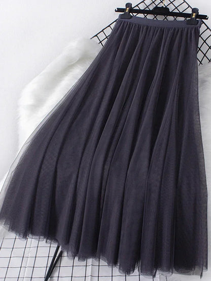New large hem chiffon long skirt for women's Korean casual simple solid color three-layer A-line high waisted long skirt