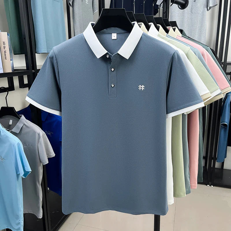Designer brand silk cotton short sleeve polo shirt summer new Korean casual men's T-shirt fashion embossed soft breathable top