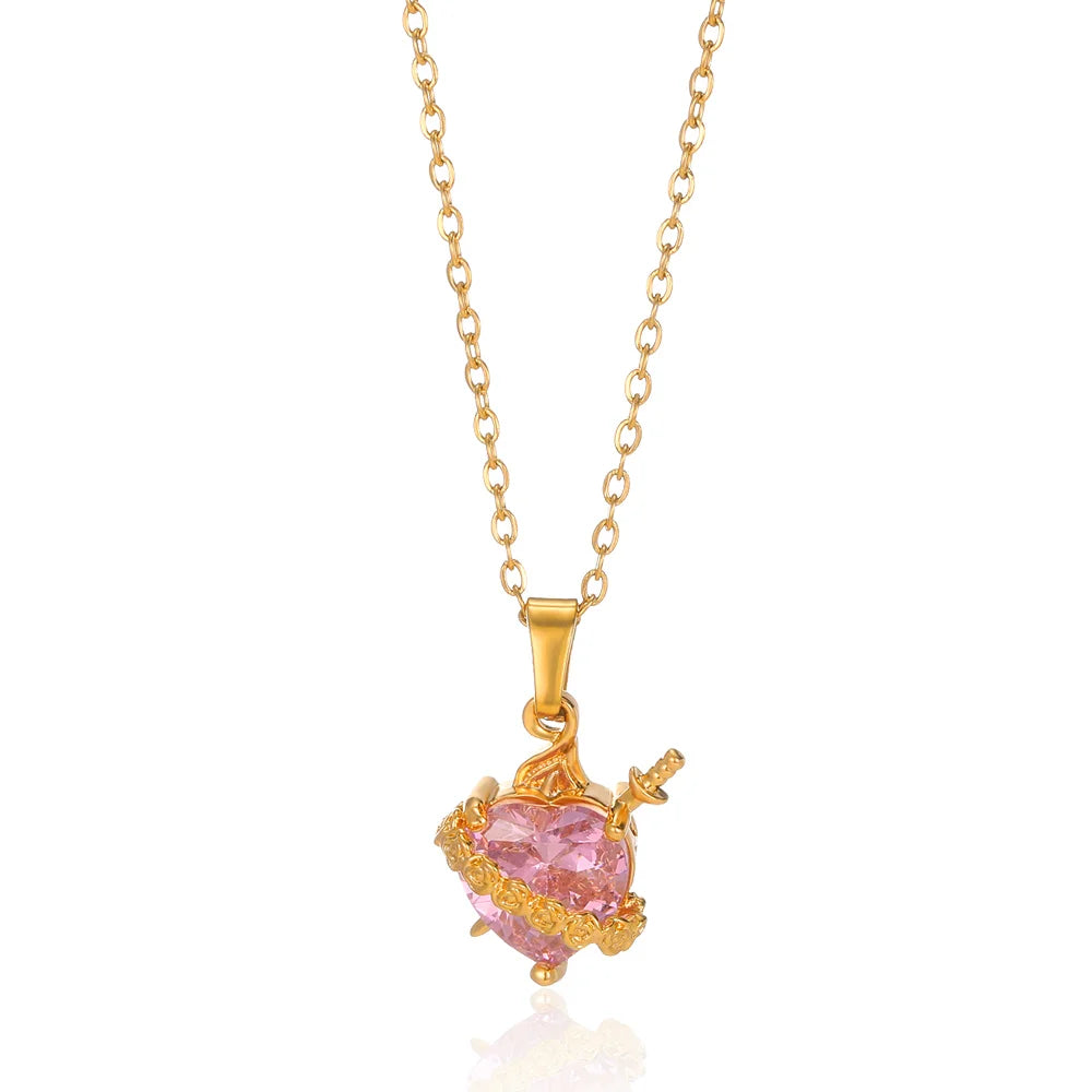 Stainless Steel Love Heart Pendant Necklace For Women Fashion Gold Color Flower Necklace Couple Aesthetic Jewelry Accessories