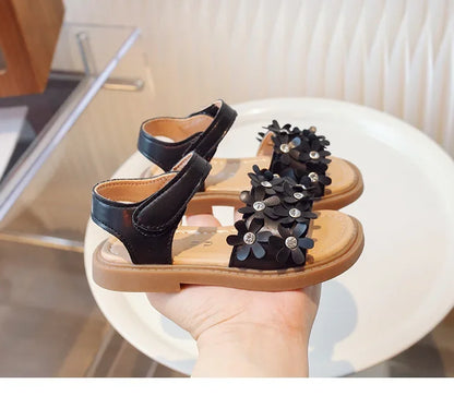 Little Girls Floral Bohemian Sandals with Beads Princess Sweet Kids Summer Shoes Open Toes Anti-skid Size 22-31Hook & Loop Cute