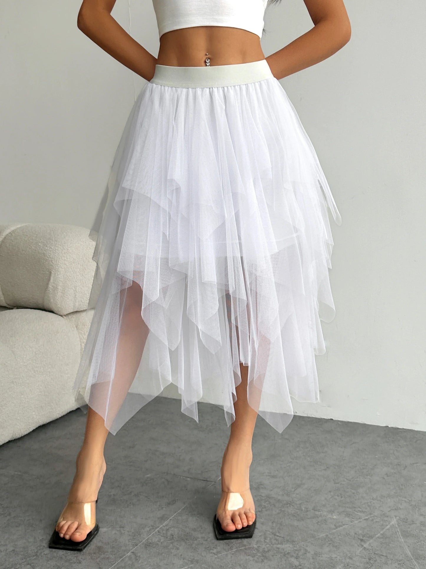 Ladies' high waisted elastic waist layered chiffon midi skirt with irregular asymmetric hem party casual mesh fairy ballet skirt