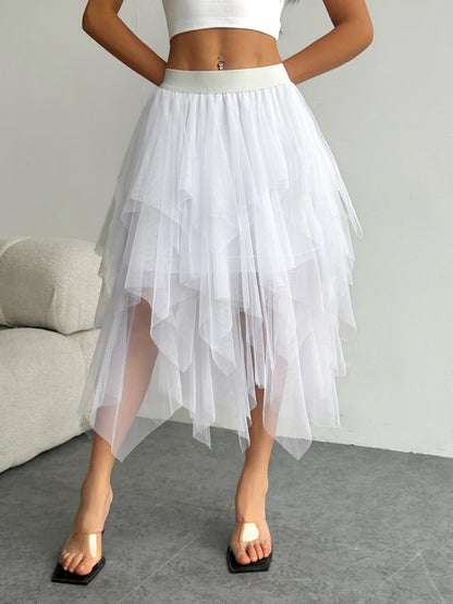 Ladies' high waisted elastic waist layered chiffon midi skirt with irregular asymmetric hem party casual mesh fairy ballet skirt