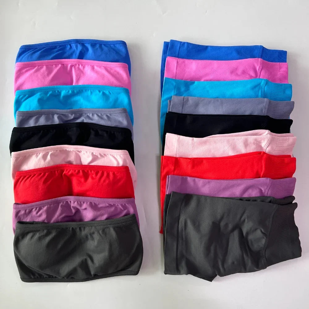 No Logo Women 2 Pieces Yoga Set Backless Bandeau Sports Bra Scrunch Shorts Yoga Clothing Gym Set Workout Clothes Outfits Sets