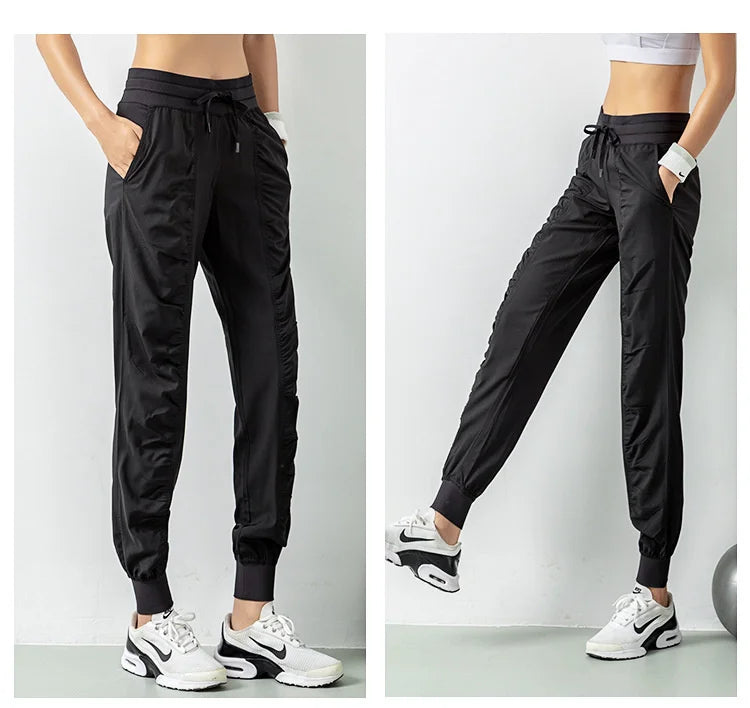Fabric Drawstring Running Sport Joggers Women Quick Dry Athletic Gym Fitness Sweatpants with Two Side Pockets Exercise Pants