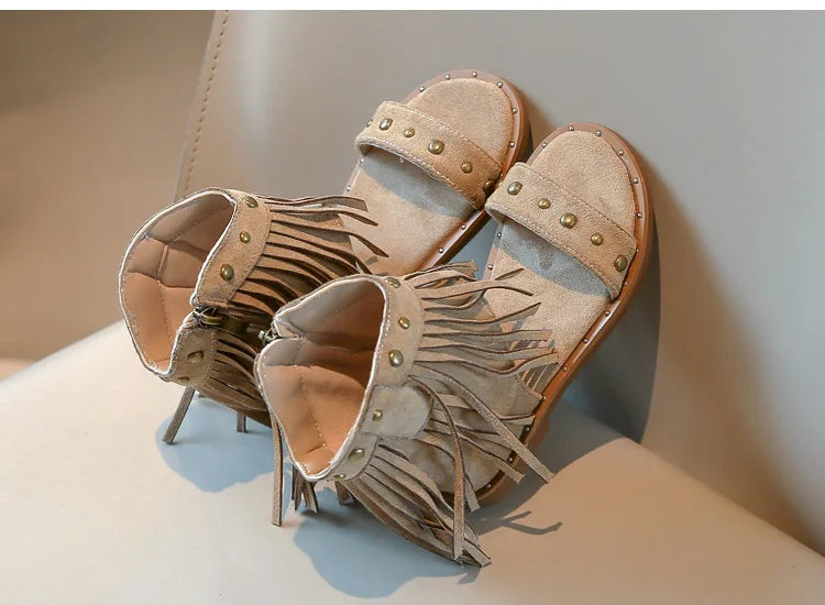 One-strap Summer Roman Shoes for Girls Tassel Rivets High-top Sandals Little Girl Soft Sole Bohemian Dress Shoes Child I06133