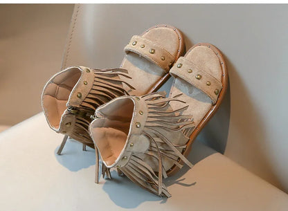 One-strap Summer Roman Shoes for Girls Tassel Rivets High-top Sandals Little Girl Soft Sole Bohemian Dress Shoes Child I06133
