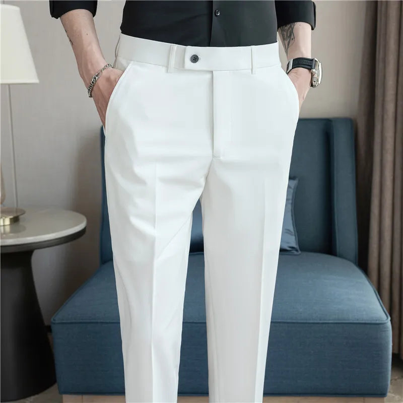Stretch Solid Color Men's Trousers, Suitable for Business Casual, Parties, Formal Events, and Ankle-length Slim Pants.28-40