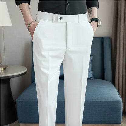 Stretch Solid Color Men's Trousers, Suitable for Business Casual, Parties, Formal Events, and Ankle-length Slim Pants.28-40