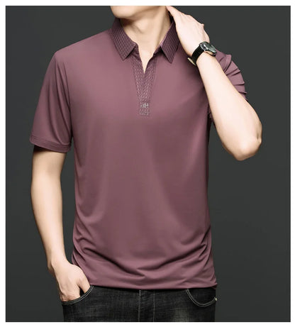 Fashion V-neck short sleeve T-shirt men's summer solid color silky smooth breathable personalized jacquard buttonless polo shirt