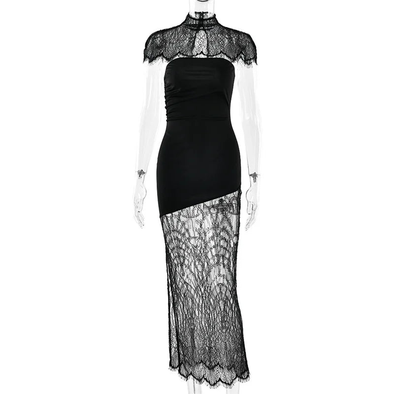 Lace Backless Sexy Mini Dress Women Gown Elegant See Through Turtleneck Sleeveless Bodycon Club Party Dresses Female