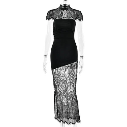 Lace Backless Sexy Mini Dress Women Gown Elegant See Through Turtleneck Sleeveless Bodycon Club Party Dresses Female