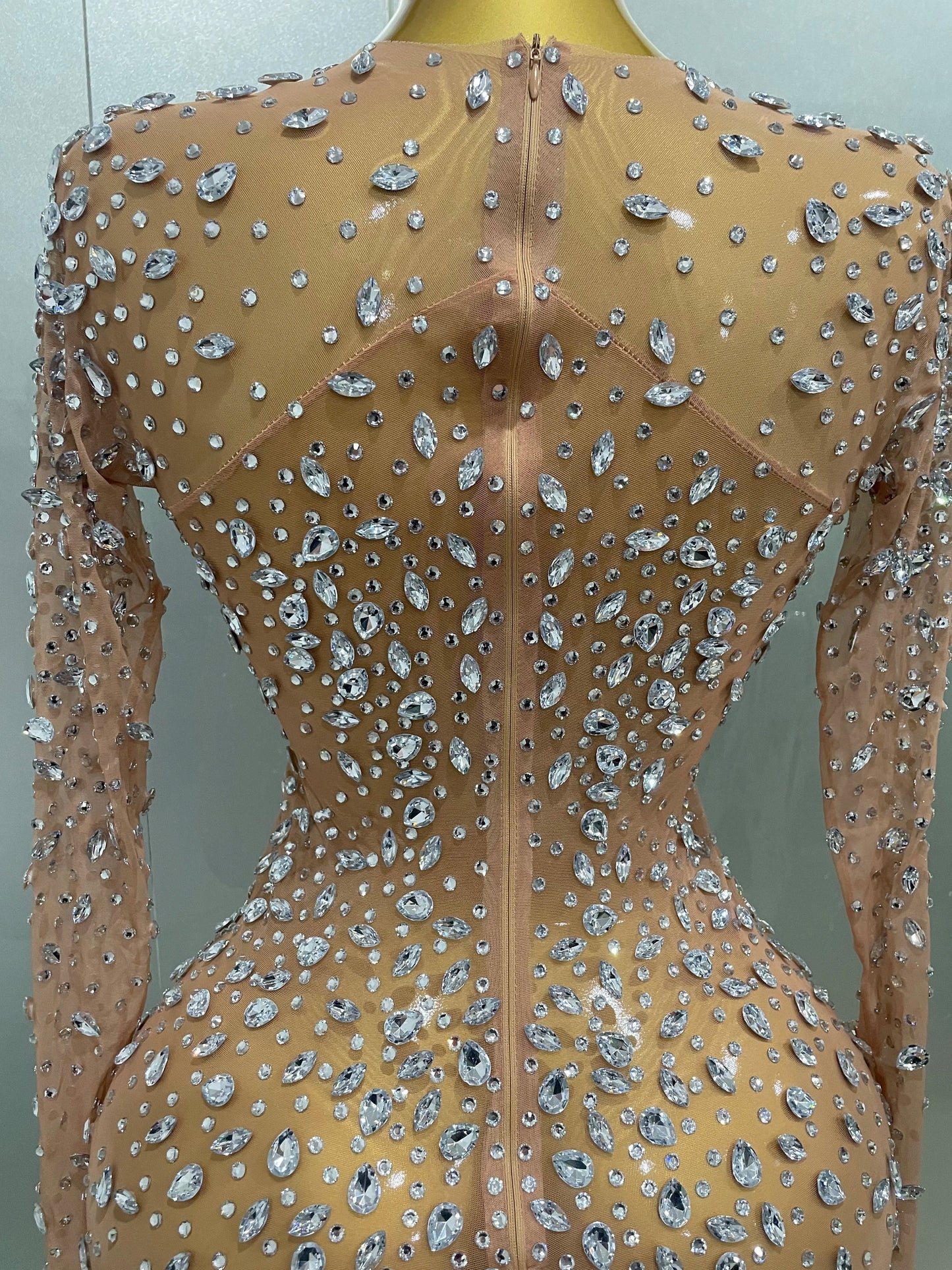 Shinny Rhinestone Stretch Mesh Transparent Long Dress 2025New Women Evening Birthday Party Prom Nightclub Singer Stage Wear