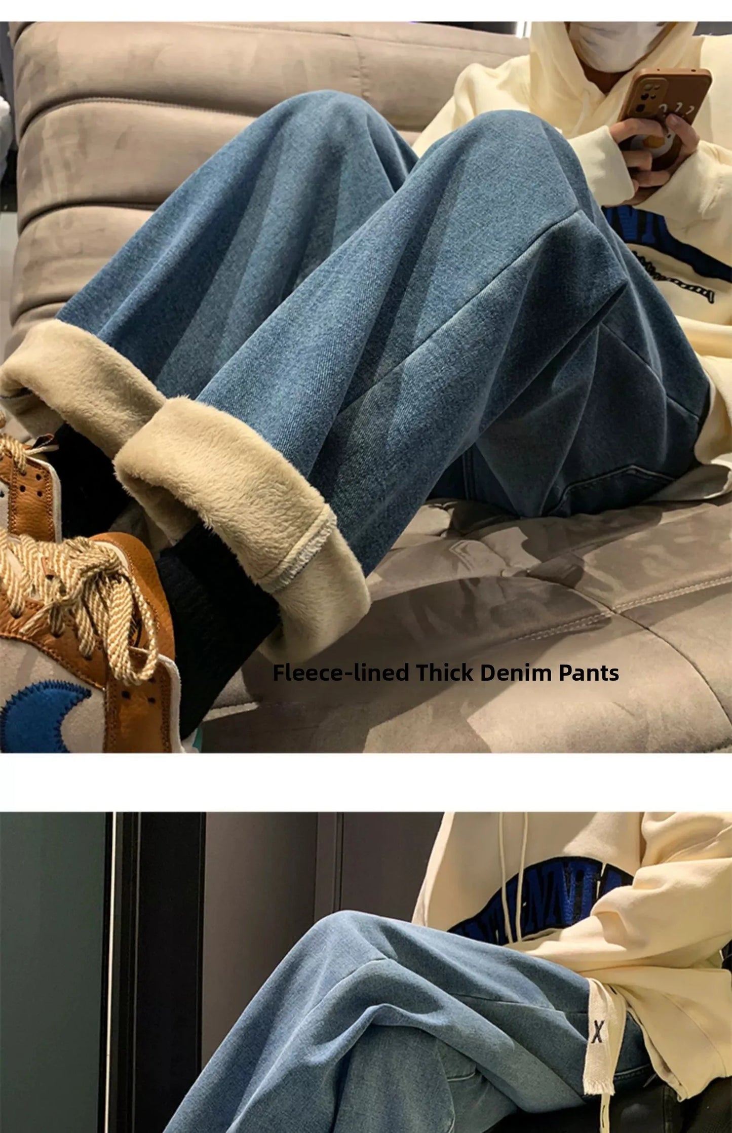 Thiened Fce Dstring Jeans Women's Winter New Sle Warm Straight Leg Loose Wide Leg High Waist Jeans Cotton Stretch D...