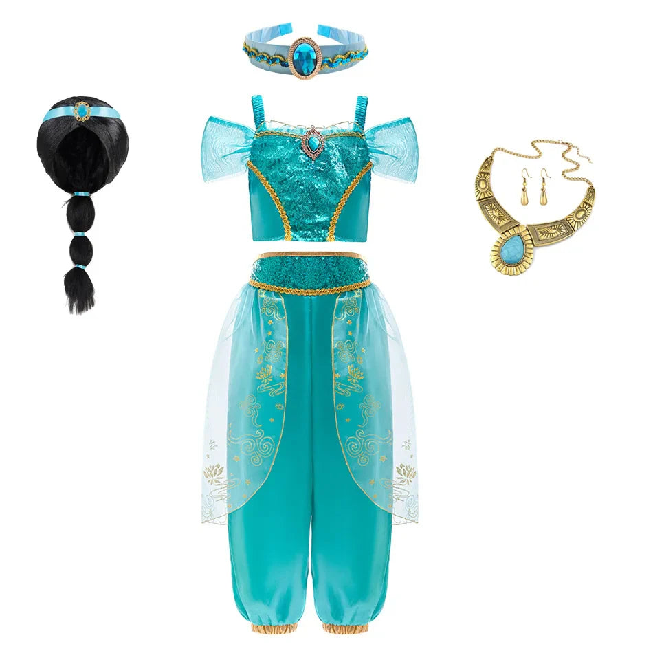 Aladdin Princess Girl Dress Jasmine Two-piece Set Kids Film Role Play Costume Halloween Party Clothes Children Birthday Gift