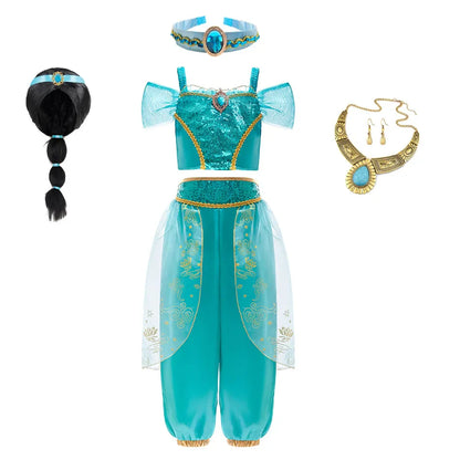 Aladdin Princess Girl Dress Jasmine Two-piece Set Kids Film Role Play Costume Halloween Party Clothes Children Birthday Gift