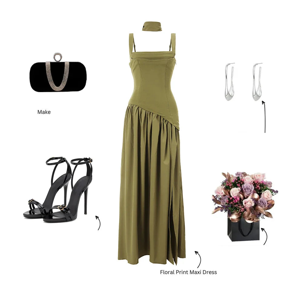 Summer Elegant Olive Green Maxi Dress for Women Flowy Long Dress with Scarf Birthday Party Beach Graduation dress