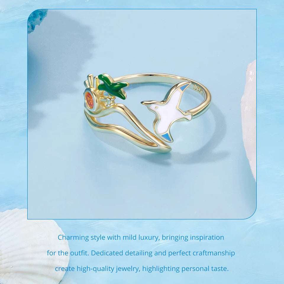 925 Sterling Silver Seagull & Island Open Ring, Adjustable Beach Vacation Rings Boho Style Jewelry with Green Palm