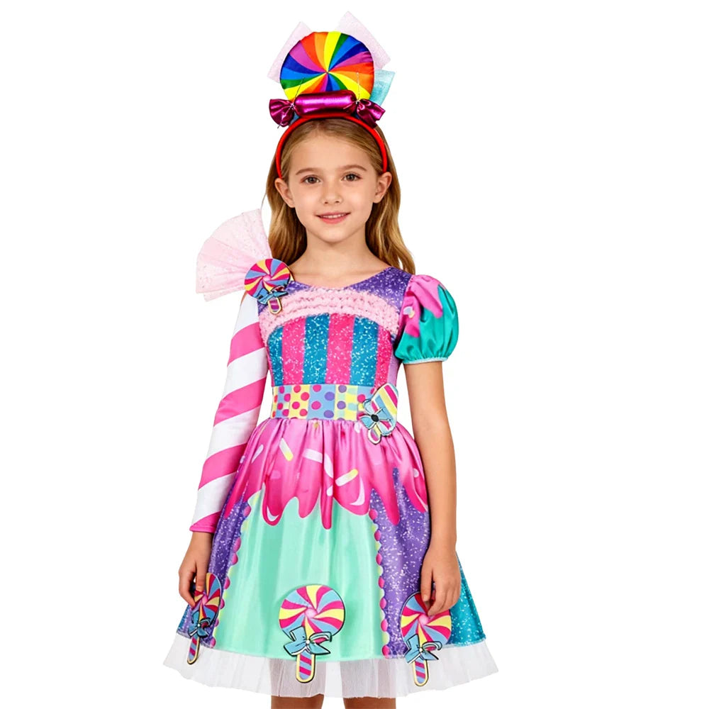 2026 Kids Purim Disguise Rainbow Candy Dress With Headband Lollipop Cosplay Costume Children Dress Birthday Carnival Party Gift
