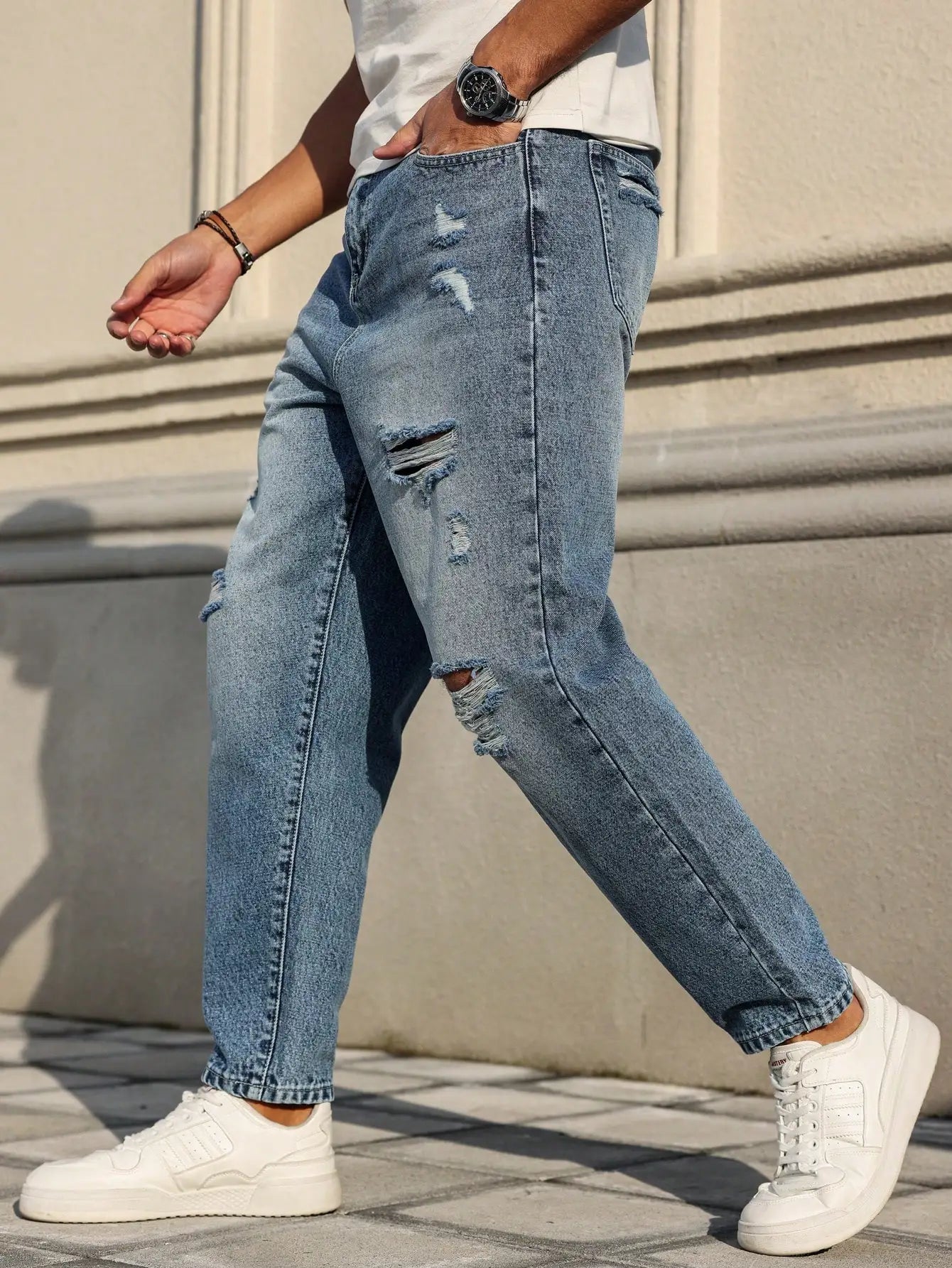 Men's blue ripped jeans, retro distressed beggar pants, street trend loose harem pants