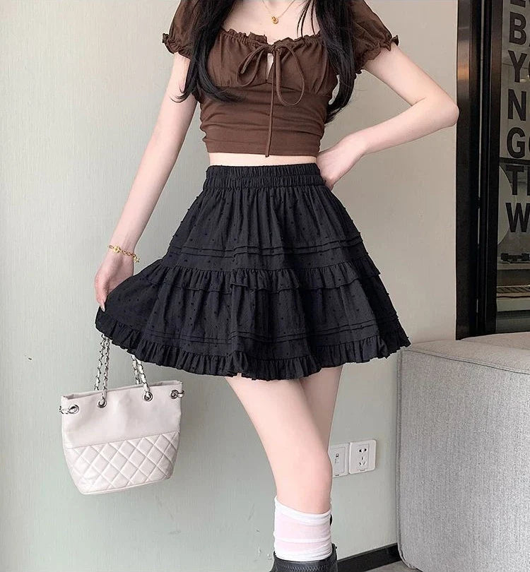 Kawaii White High Waist Pleated Mini Skirts for Women Summer Slim A-Line Skirt Y2K Versatile Puff Tiered Faldas for Girls Female