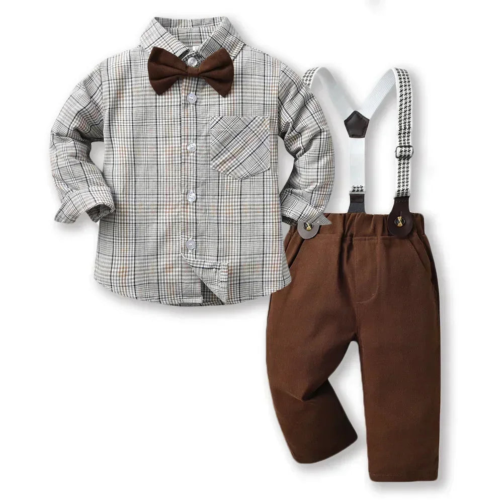 Boy Autumn Cotton Long Sleeve Plaid Shirt and Strap Pants Set Boys' Strap Pants Set Boy Red Pants and Shirts for 70cm-160cm